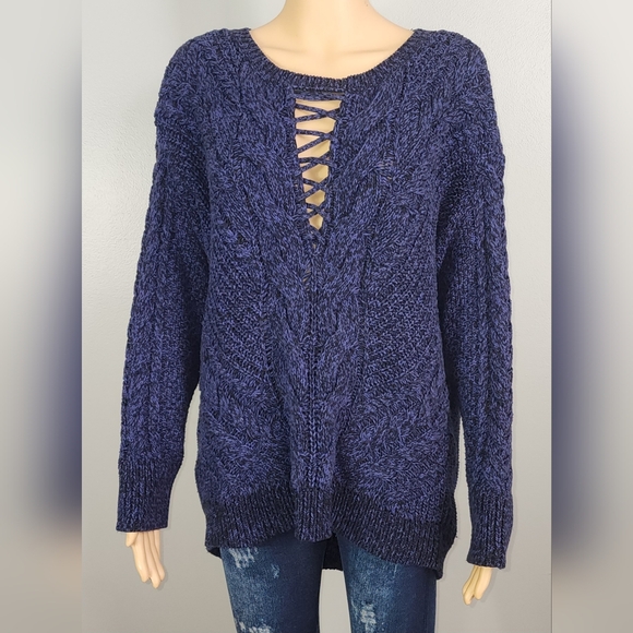 Express Sweaters - Express Mixed-cable Knit Crisscross Lace-up Edgy Sweater Size Medium